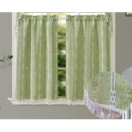 GOHD Country Road Tiers Kitchen Curtains Boho Jacquard Stripe Tassel Bathroom Window Curtain 3 Size, 100% Polyester(36in,Green)