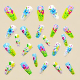 MIXFOSAHN Flower Press on Nails Medium Coffin Fake Nails Color False Nails with Colorful Floral Designs Full Cover Stick on Nails Glue on Nails Flower Nails Acrylic Nails for Women Girls 24 Pcs