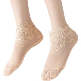 Plus Nao Plus Nao Short Socks, 3 Pair Set, Women's, Lace, 3 Pairs Set, Floral Pattern, See-through, Rose, Ankle, Thin, Feminine, Gar, beige
