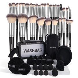 MAANGE 49 Piece Brochas para Maquillaje Profesional con Bolsa Set de Herramientas Maquillaje Multifuncional Kabuki Sintético Rubor Polvo Base para Viajes y Uso Diario(Negro Plata)