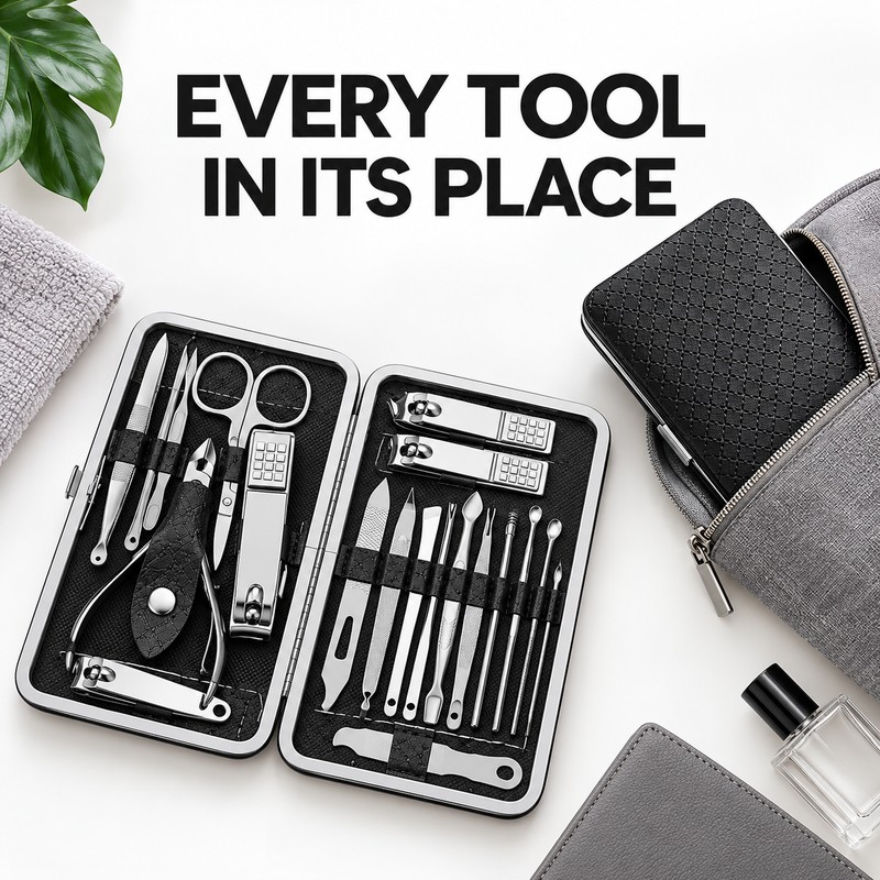 19-Piece Nail Clipper Set with Leather Case – Stainless Steel