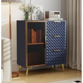 Rovibek Modern Sideboard Cabinet with Storage, Small Kitchen Buffet Cabinet with Glass Door & 3 Drawers, 31" Accent Sideboard Buffet for Kitchen, Living Room, Blue