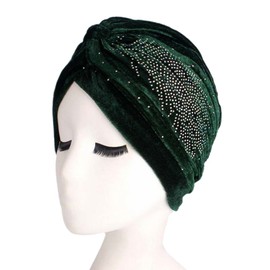 Decou Feather Image Velvet-Feel Twist Pleated Hair Wrap Stretch Turban Hat (Green)