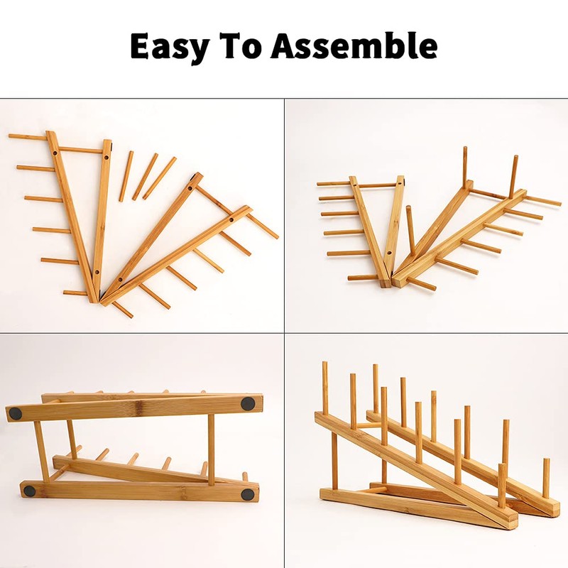 4 PCS Wooden Dish Drying Rack Bamboo Plate Dish Rack