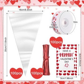 Sliner 100 Pcs Valentine's Day Popcorn Bags Cone Shaped Treat Bags 6.3 x 11.8 Clear Triangle Cellophane Bag Valentine's Goody Bags with Heart Ribbon and Gift Cards Cone Bags Popcorn Candy Favor