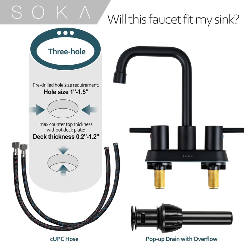 SOKA Centerset Bathroom Faucet 2 Handles 4 Inch Commercial Hand