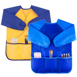 Zkptops 2 Pack Kids Art Smock Colorful Waterproof Children Art Aprons Artist Painting Aprons with Long Sleeve 3 Roomy Pockets for Age 3-7 Years,Yellow and Blue
