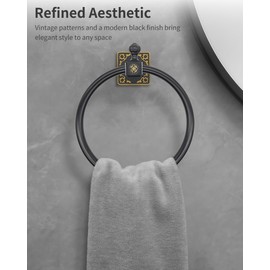 RIXIGOOD Towel Ring for Bathroom Wall, Hand Towel Holder Wall Mount with Hook Unique Vintage Towel Hanger for Kitchen Bath Hardware Accessories Black 2 Pack