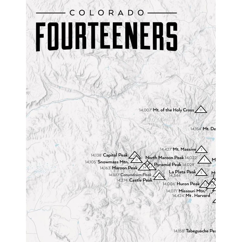 58 Colorado 14ers Checklist Map 11x14 Print (Gray)