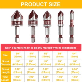 COLYUPO Countersink Drill Bit Set 5Pcs 90 Degree Woodworking Chamfering Cutter 1/4 3/8 1/2 5/8 3/4 Inch Counter Sink Bit for Metal Wood Plywood Plastic