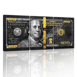 100 Dollars Bill Wall Art Canvas Print Office Vintage Home Decor Obsidian Franks Motivational Wall Canvas Money Art Framed Ready to Hang-36x16 inches