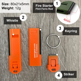 aZengear Survival Whistle with Flint Fire Starter Rod & Keyring - Loud, Pealess, Light, Thin, Waterproof - for Emergency, Hiking, Rescue, Safety, Dog Walking, EDC (Dark Orange)