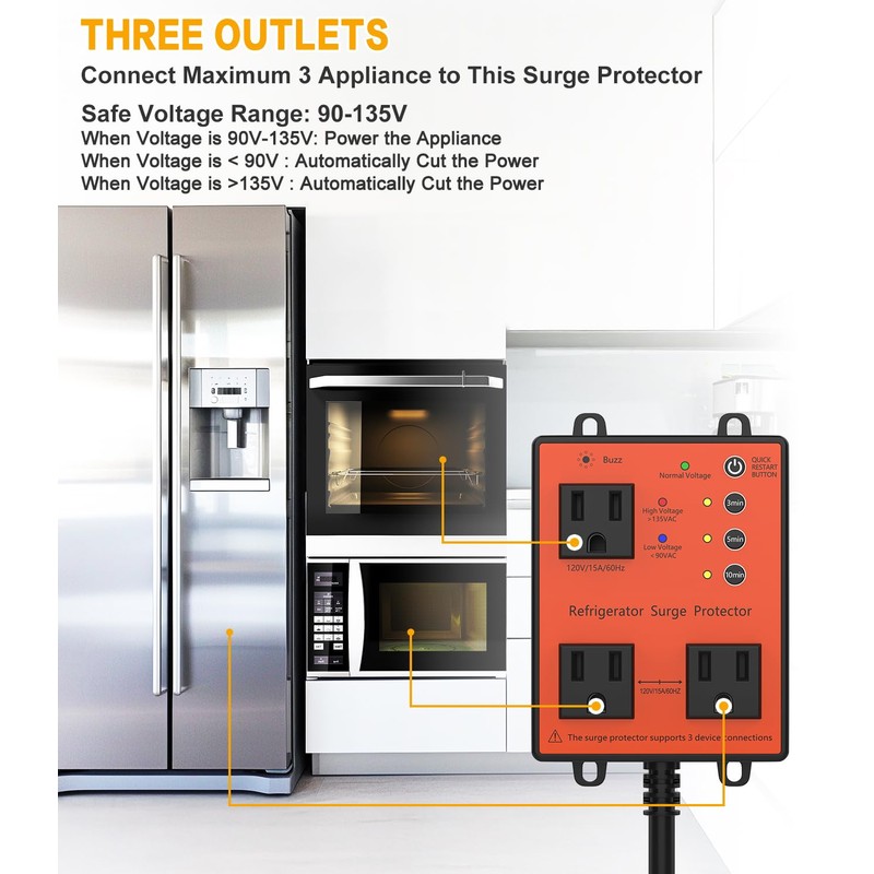 Refrigerator Surge Protector, 3-Outlet