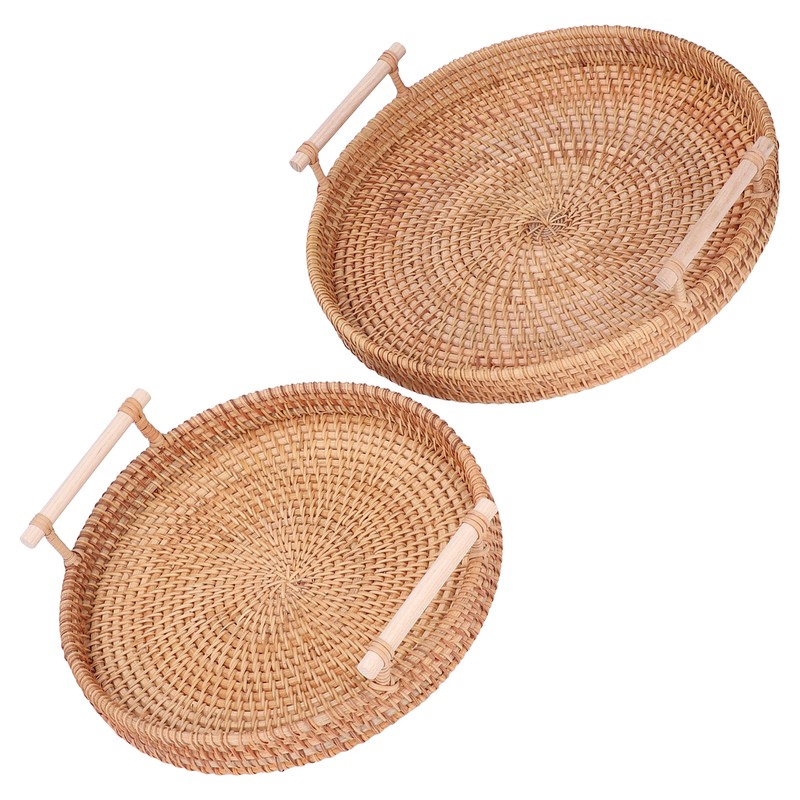 2PCS Hand Woven Rattan Tray Round Serving Tray Tea Fruit