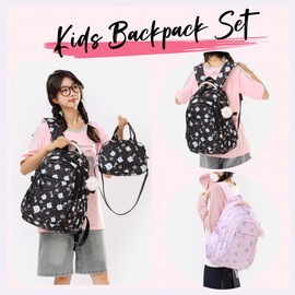 2Pcs Girls Backpack for Kids School Bag with Lunch Bag, Cats Print Backpack for School Girls Bookbag, Black