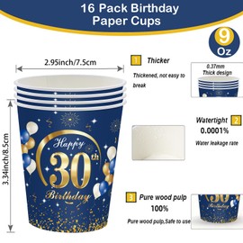 MORAINJAY 16Pcs Birthday Cups for 30,9oz/250ml Navy Blue Paper Cups for 30th Birthday Party,Party Cups for Men Women Her Him,Birthday Party Supplies Table Decor