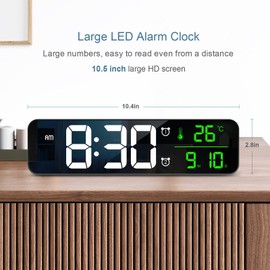 Ankilo Large Digital Wall Clock, 10.5 Inch LED Digital Alarm Clock, Large LCD Display, Wall Clock, Digital Wall Clock with Calendar and Temperature, Loud Alarm and Clear, Calendar Clock for Decor