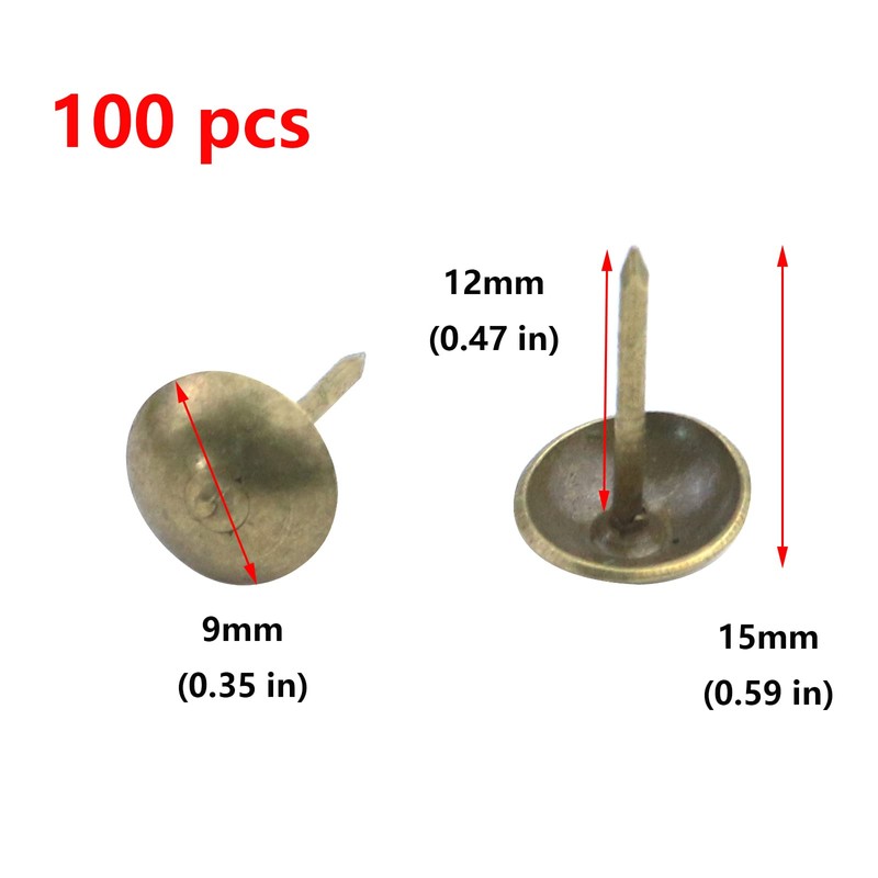 Antrader Upholstery Nails/Tacks 3/8", Decorative Furniture Push Pins, Antique Brass
