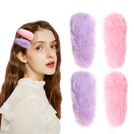 YIERSO Furry Snap Hair Clips for Women Girls Cute Soft 4 Inch No Slip Hair Barrettes Accessoriesfor All Hair Type Makeup Faux Fur (Pink Purple)