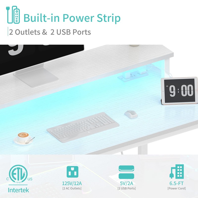 Lufeiya White Computer Desk with LED Lights and Power Outlets,