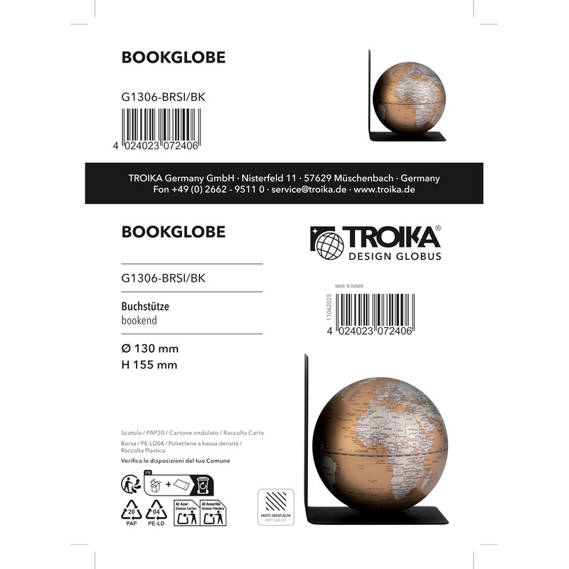 TROIKA Globe with Metal Bookends 5.1 inches (13 cm) Diameter