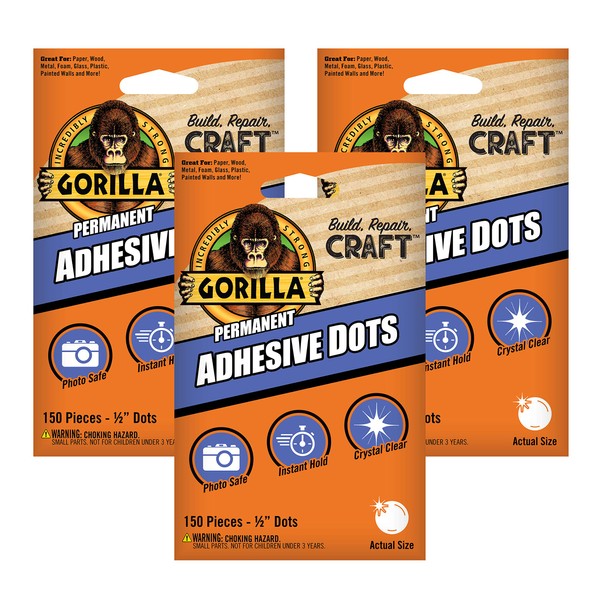 Gorilla Permanent Adhesive Dots, Double-Sided, 150 Pieces, 0.5" Diameter, Clear,