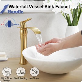 HOIGY Gold Vessel Sink Faucet, Brass Tall Bathroom Faucets, Single Handle Bathroom Faucet 1 Hole, Waterfall Faucet for Bathroom Sink Mixer Bowl Tap for Hotel Classic with Pop Up Drain Deck Mounted