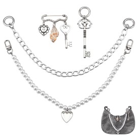PH PandaHall 4pcs Bag Charms Set for Handbags Pearl Purse Chains with Heart Charms, Decorative Safety Pin Purse Charm and Heart Key for Purse Handbag Wallet Crossbody Shoulder Bags