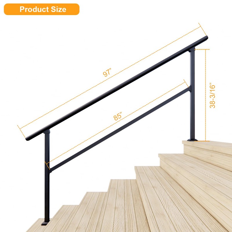 DIYHD 7 Step Handrail for Outdoor,Powder Coated Iron Stair Railing,Black