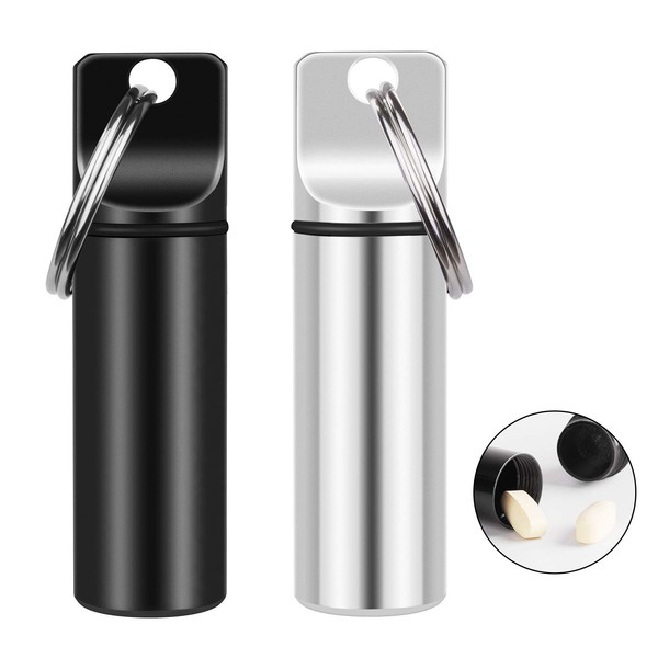 2 Pack Small Pocket Pill Box Keychain, Portable Mini Aluminium Alloy Pill Organizer Case Container for Purse, Waterproof Metal Pill Holder Medicine Bottle for Outdoor Camping Travel (Black & White)