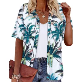 LILYCHIC Hawaiian Shirts for Women Summer Floral Tropical Print Short Sleeve Button Up Hawaii Luau Outfits White 3XL