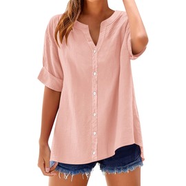 LOMON Womens 3/4 Sleeve Button Down Shirts V Neck Cotton Linen Tops Casual Loose Roll Up Short Sleeve Blouse