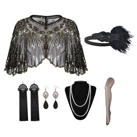 Wevmris 1920s Flapper Accessories for Woman,Sequined Shawl Wraps Feather Headpiece Pearl Necklace Earrings Long Gloves