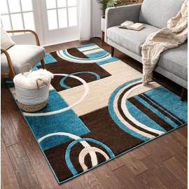 Well Woven Echo Shapes & Circles Blue & Brown Modern Geometric Comfy Casual Hand Carved Area Rug (3'11inx5'3in) Easy Clean Stain Fade Resistant Abstract Contemporary Thick Soft Plush Living Room Rug