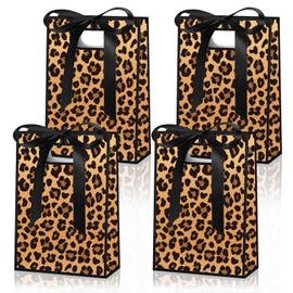 AnyDesign 16Pcs Leopard Print Party Favor Bags with Handles Brown Safari Animal Paper Treat Bags with Ribbon Bows Candy Goodie Bag for Birthday Wedding Party Favors Supplies