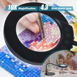 10X Magnifying Glass with Light and Stand, 4.3" Real Glass Lens, 5 Color Modes & Stepless Dimming LED Desk Lamp, Hands-Free Magnifier with Clamp & Flexible Gooseneck for Crafts, Hobby, Close Work