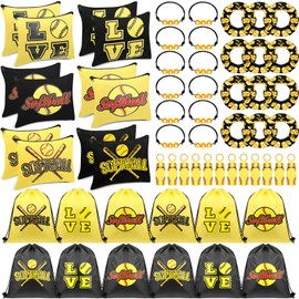Paterr 60 Pcs Softball Party Favors Softball Gifts for Girls 12 Softball Drawstring Bag 12 Softball Makeup Bags 12 Softball Lipstick Holder 12 Elastic Hair Scrunchies 12 Bracelet for Softball Party
