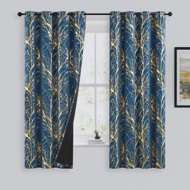 FMFUNCTEX 100% Blackout Curtains for Bedroom, Curtains 63 Inches Length Gold on Blue Foil Tree Curtains for Living Room, Metallic Thermal Insulated Window Drapes, Grommet Top 2 Panels