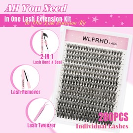 Lash Extension Kit 280 Pcs DIY Individual Cluster Lashes D Curl Lash Cluster Kit with Eyelash Bond and Seal, Remover, Tweezers Applicator for False Eyelashes Extensions at Home(30D-9-16mix,set)