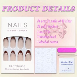 Fall Press on Nails Medium Almond MABKJFL French Tip Fake Nails Brown Full Cover False Nails with Nail Glue Glossy Glue on Nails Acrylic Nails Manicure Artificial Nails for Women Girls 24Pcs