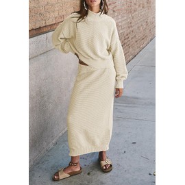 Pink Queen Women's Two Piece Sweater Skirt Set Knit Pullover Top Waffle Knit Maxi Dress Vacation Outfits Fall Apricot S