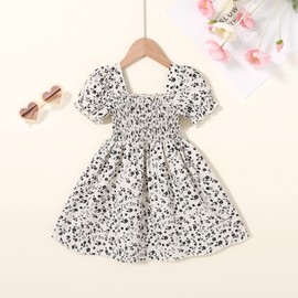 CBHAIBLYD Toddler Baby Girl Summer Square Neck Floral Dress Bubble Short Sleeve Ruffle Smocked Sundress(Black,5T)