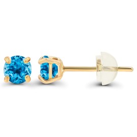 Genuine 14K Solid Yellow Gold 3mm Round Natural Swiss Blue Topaz December Birthstone Stud Earrings For Women