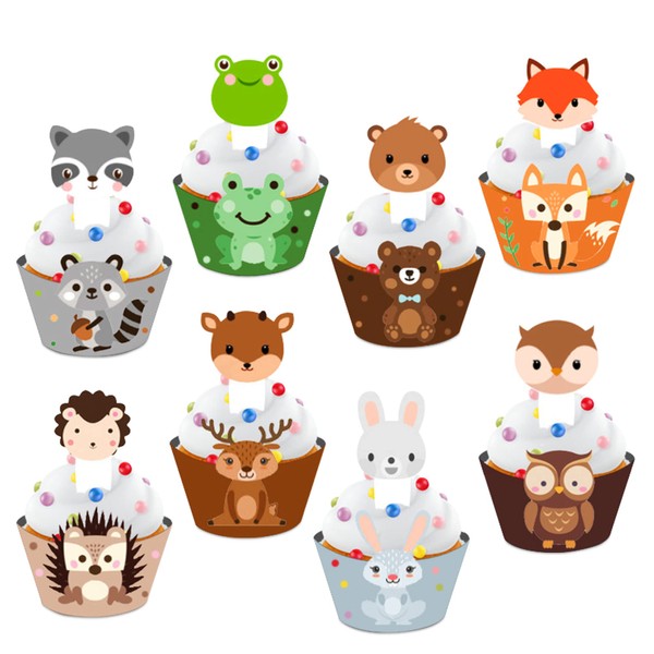 JeVenis 32 PCS Animaux de la forêt Cupcake Toppers Animaux de la forêt Fournitures de fête d'anniversaire Animaux de la forêt Décoration de cupcake Animaux de la forêt Emballage de cupcake Baby Shower