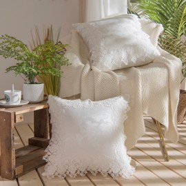 Jacquard Throw Pillow Covers, French Embroidery Lace Decorative Cushion Covers for Couch, Sofa,Ruffle Design,Farmhouse Home Decoration,18x18 Inch 45x45 cm Set of 2 (Jacquard White, 18x18 Inch)
