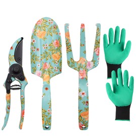 YTACREA 4 Piece Garden Tools Set with Floral Print, Garden Tool Set for Gift Garden Lovers, Garden Gadgets Including Spade, Pruning Shears, Rakes, Mittens, Garden Gifts for Gardeners