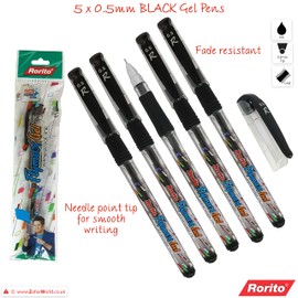 rorito 5 x 0.5mm Needle Tip Flymax Gel BLACK Pen Smooth Writing Fade Resistant