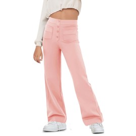 Haloumoning Girl's Flare Pants Kids High Waisted Button Multiple Pockets Yoga Bootcut Pants Full Length Bell Bottoms Pink
