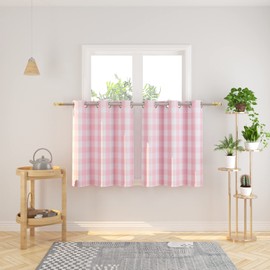 NATUS WEAVER Tier Curtains 30 inches Long Buffalo Check Gingham Plaid Kitchen Window Curtain Panels Bathroom Grommet Top Window Treatment 2 Panels Pink and White
