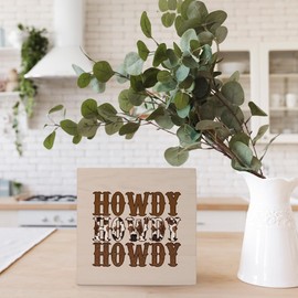 FLVGE Howdy Western Wood Box Sign, Western Desk Decor for Home Office Boys Room Shelf,Cowgirl Room Decor, Country Cow Print Box Block Sign for Teen Girls & Women 5x5 Inch